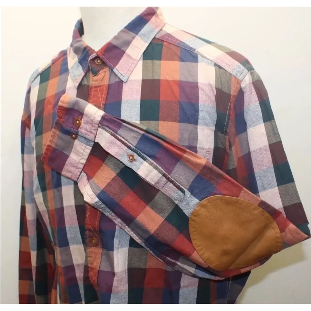 Mexx Men L/S Polo Shirt Checkered Cowboy Brown Red Blue XL Cotton Patch Sleeve